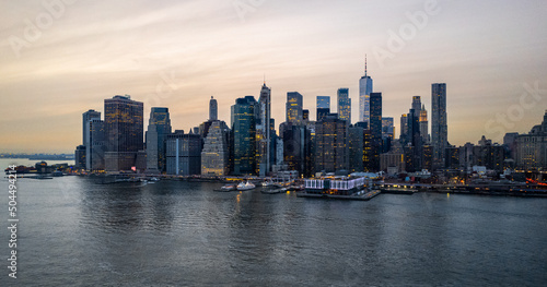 Drone view of Manhattan, New York City at sunset