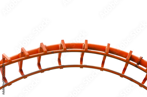 Curved of orange Roller Coaster track in close up isolated on white background.