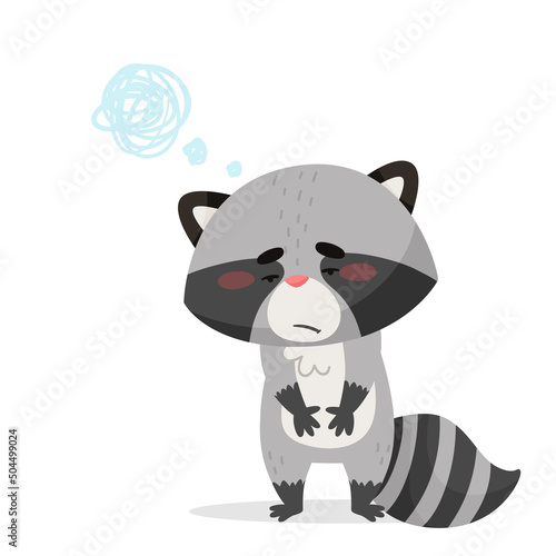 The raccoon is sad and confused by thoughts. Drawn in cartoon style. Vector illustration for designs, prints and patterns. Isolated on white background