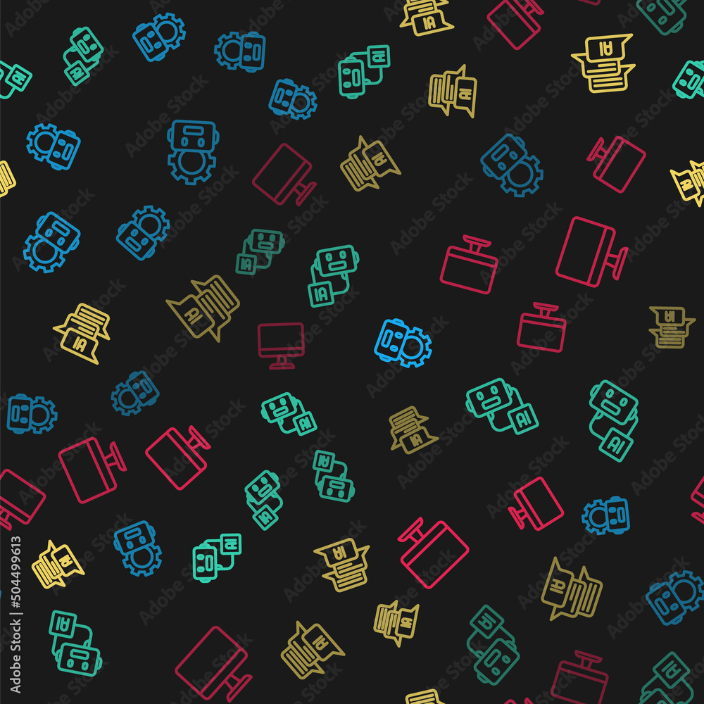 Set line Robot setting, Artificial intelligence robot, Chat and Computer monitor on seamless pattern. Vector Set line Robot setting, Artificial intelligence robot, Chat and Computer monitor on seamless pattern. Vector
