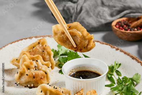 Oriental food - fried gyoza with sauce. Gyoza with pork in ceramic plate on gray concrete background.  Shrimp gyoza in minimal style. Aesthetic food menu. photo