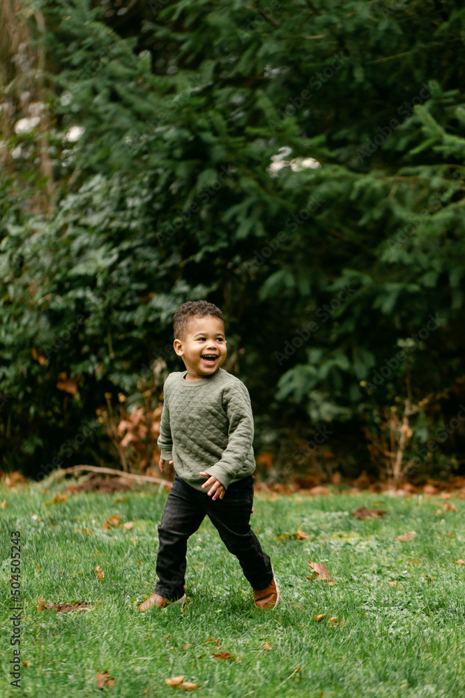 A Joyful Little Boy Plays in a Park A Joyful Little Boy Plays in a Park