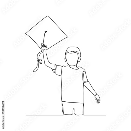 Continuous single one line art drawing of boy kids playing kite vector illustration