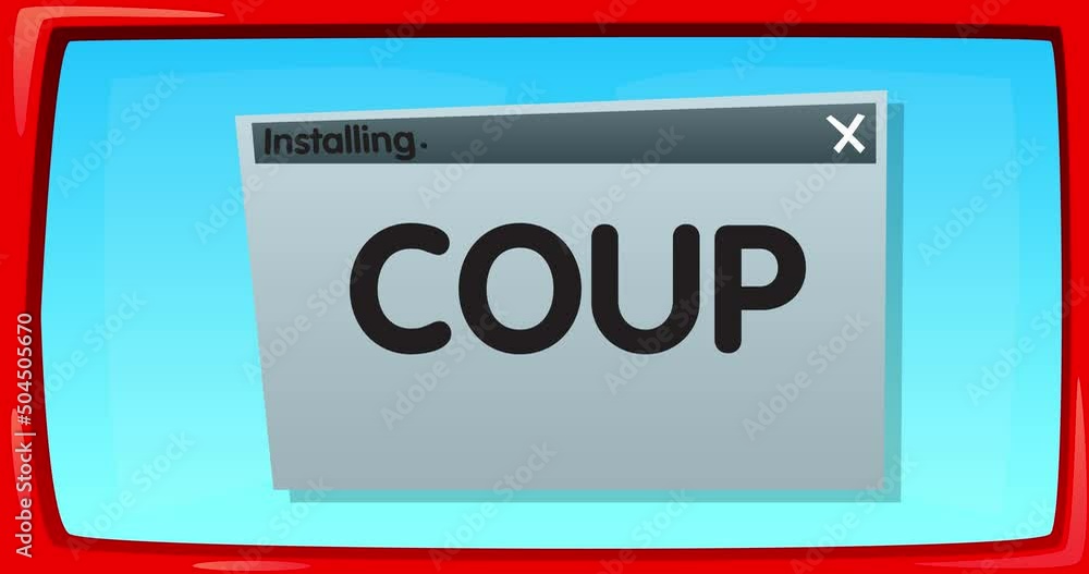 Cartoon Computer With the word Coup. Video message of a screen displaying an installation window. Cartoon Computer With the word Coup. Video message of a screen displaying an installation window.