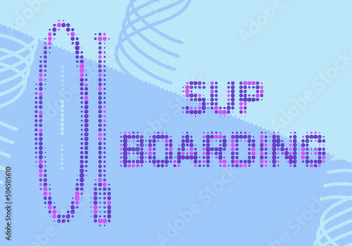 SUP board and stand up paddle. Dotted icon, vector logo, sports label, sticker or badge. SUP in flat design style in purple and blue colors.