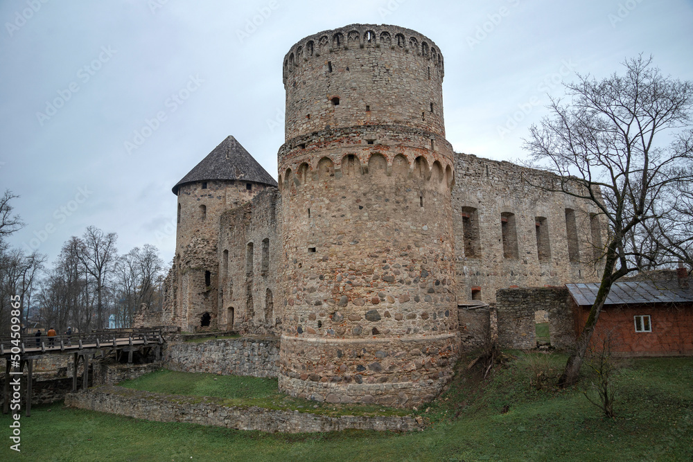 Cloudy November day at the medieval castle of the Livonian Knights Order. Cesis, Latvia