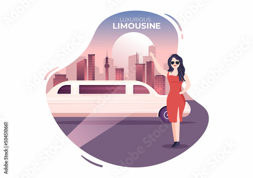 VIP Limousine Car of Red Carpet for Celebrity Superstar Walk with Night City Landscape View in Flat Cartoon Illustration
