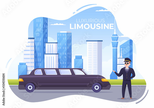 Limousine Car with City Urban View and Luxury Metropolis Concept in Flat Cartoon Illustration