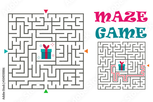 Square maze labyrinth game for kids. Logic conundrum. Four entrance and one right way to go. Vector flat illustration