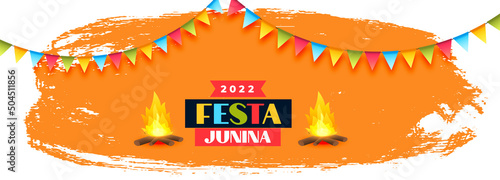 2022 festa junina brazil festival banner with bonfire and party flags