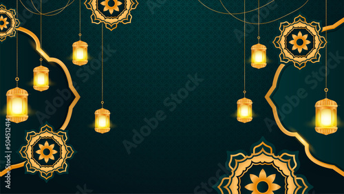 Set of Ied Al Adha Islamic greeting colorful dark green design background