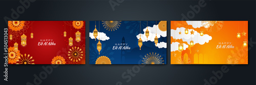 Set of Ied Al Adha Islamic greeting blue orange and red colorful design background
