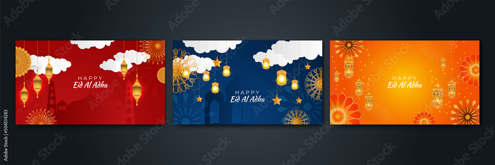 Realistic Islamic ramadan greeting luxury background with 3d arabic lantern crescent moon and stars - obrazy, fototapety, plakaty 