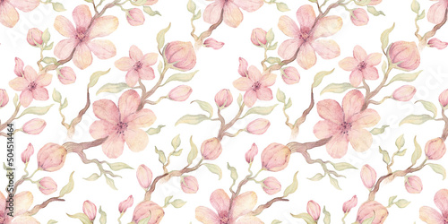 Fototapeta Naklejka Na Ścianę i Meble -  Floral spring elements isolated on white background. Watercolor hand drawn seamless pattern with delicate illustration of pink blossom cherry flowers, branch, twigs, leaves. Simple nursery wallpaper