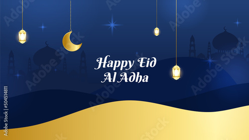 Greeting Islamic Ied Al Adha blue and gold colorful design background