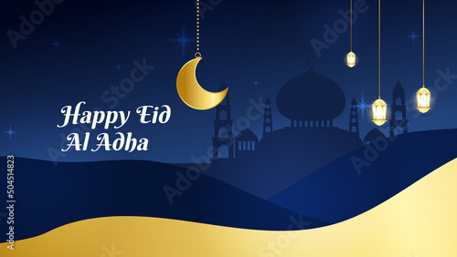 Islamic background, Gift box, lantern, gold crescent moon on white. Design concept of ramadan kareem, mawlid, iftar,isra and miraj or eid al fitr adha, copy space text area, 3D illustration.