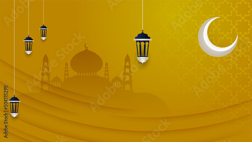 Islamic background, Gift box, lantern, gold crescent moon on white. Design concept of ramadan kareem, mawlid, iftar,isra and miraj or eid al fitr adha, copy space text area, 3D illustration.