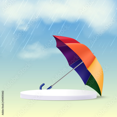 Isolated umbrella with podium for product placement with monsoon background 