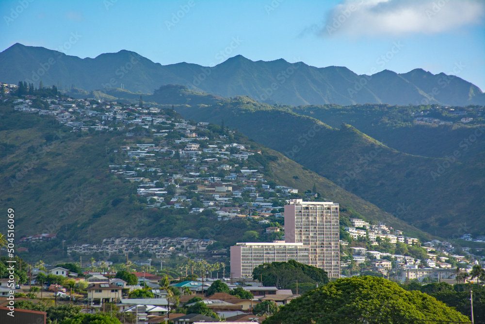 Homes rising up along the mountain ridge in Honolulu on Oahu, Hawaii