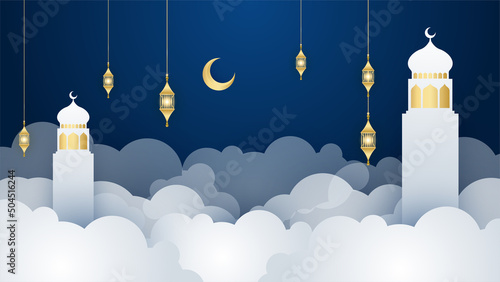 Vector card design for Eid al Adha and Iftar with arabic text Blessed Feast or Festival. Decoration sign for ramadan fasting greeting with Eid Mubarak text. Hari Raya, muslim, islamic holiday