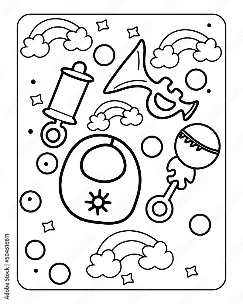 Baby toy coloring page, kids coloring page, toy line art design, Stock
