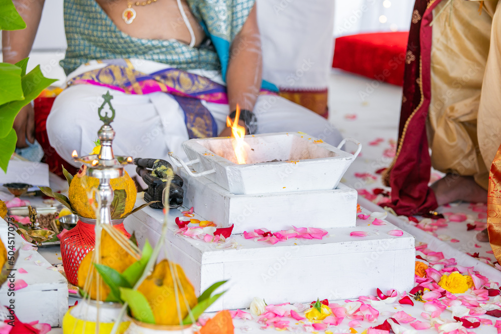 Indian Hindu wedding ceremony traditional sacred fire close up