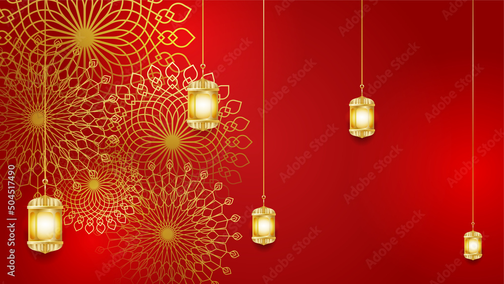 Ramadan Kareem banner with 3d metallic golden crescent moon, paper cut abstract arabesque flowers and Arabic handwritten calligraphy. Translation Ramadan Kareem. Vector. Ramadan Kareem banner with 3d metallic golden crescent moon, paper cut abstract arabesque flowers and Arabic handwritten calligraphy. Translation Ramadan Kareem. Vector.