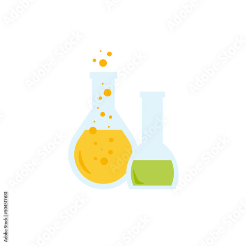 Lab chemical tubes set. Glass beaker, tubes and bottles, tools for laboratory experiment, flasks in holder, burner. Vector illustration for chemistry, medical research, science concept