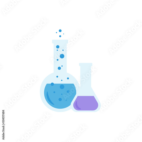 Lab chemical tubes set. Glass beaker, tubes and bottles, tools for laboratory experiment, flasks in holder, burner. Vector illustration for chemistry, medical research, science concept