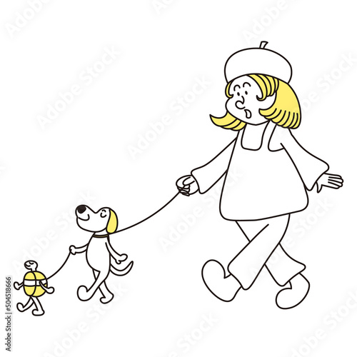 女の子が犬と亀と一緒に散歩をしているイラスト素材
