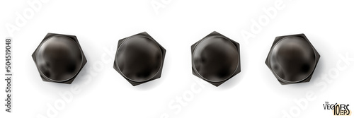 Metal bolt heads set. Twisted in surface, isolated. High detailed. Top view. Foto reality. Vector