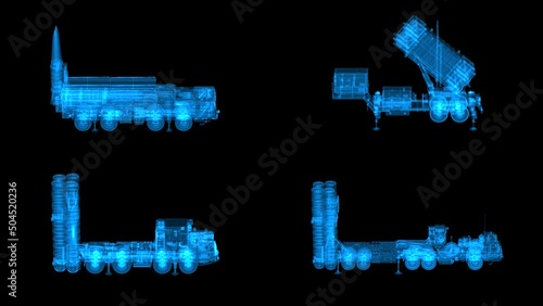 4k set of detailed loop rotating 360 degrees russian and american surface-to-air missile systems hologram footages transparency. Models MIM-104 patriot iskander-e s-300 s-400. Slow motion 60 fps photo