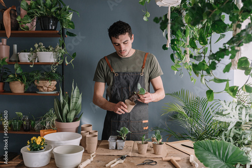 Man Repotting Plants In Compostable Vase photo