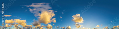 Dark blue sunset sky panorama with Cumulus clouds. Seamless hdr pano in spherical equirectangular format. Complete zenith for 3D visualization, game and sky replacement for aerial drone 360 panoramas.