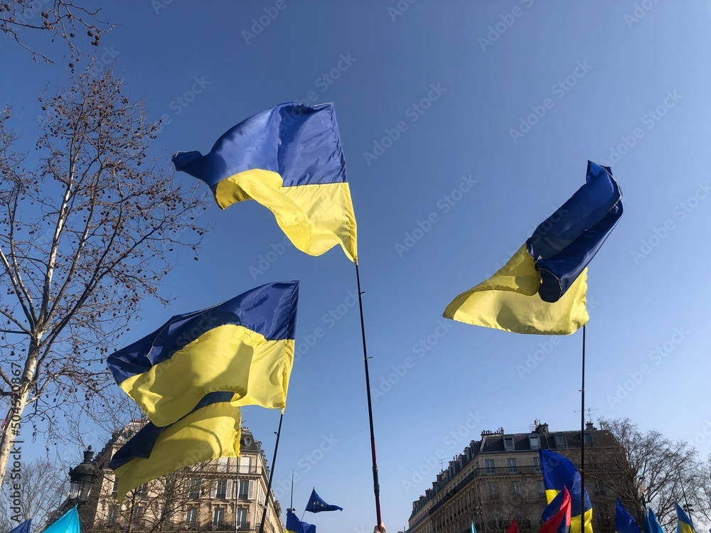 Ukrainian flags on a blue sky