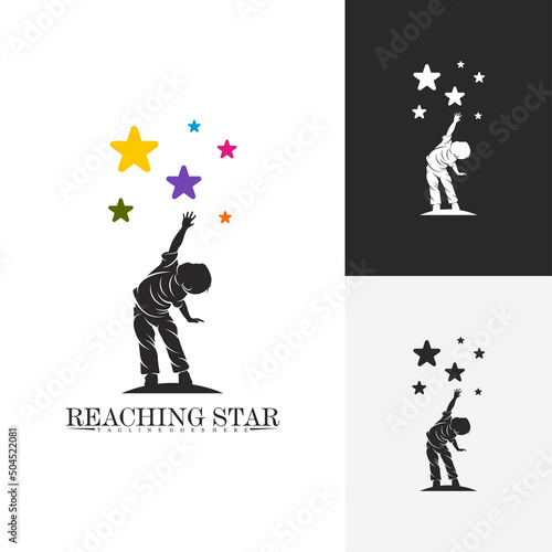 Child reaching stars logo vector illustration . Dream star logo design template. icon, emblem, colorfull.