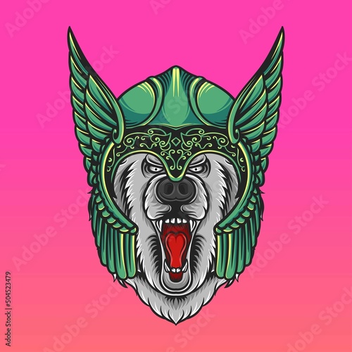 Head bear mascot logo valkyrie angelic viking helmet vector illustration