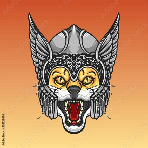 Head cat mascot logo valkyrie angelic viking helmet vector illustration