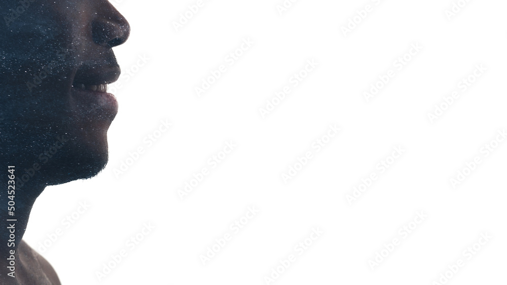 Good vibes. Positive emotion. Optimism energy. Double exposure cropped profile silhouette of happy inspired smiling man face with stardust glitter isolated on white copy space. Good vibes. Positive emotion. Optimism energy. Double exposure cropped profile silhouette of happy inspired smiling man face with stardust glitter isolated on white copy space.