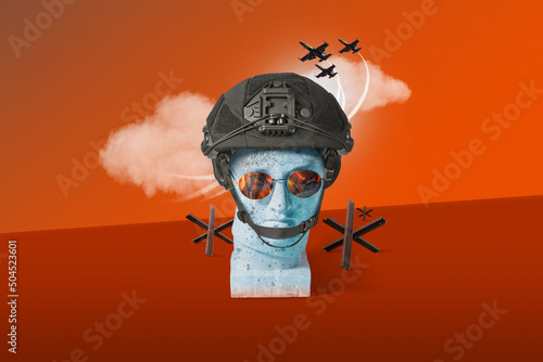 Gypsum bust in helmet and glasses over red backgorund