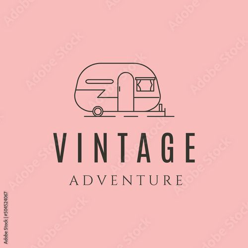 vintage adventure camper trailer line art logo vector symbol illustration design