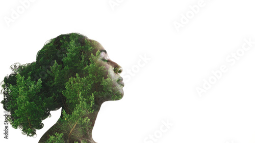 Nature beauty. Organic cosmetology. Ecology inspiration. Double exposure profile silhouette of relaxed woman face with green forest trees foliage isolated on white copy space. photo
