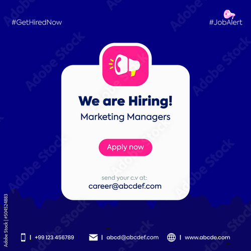 we are hiring. we are hiring marketing managers announcement post with dark purple background. we are hiring announcement poster with megaphone on  tv screen. get hired now. job alert.