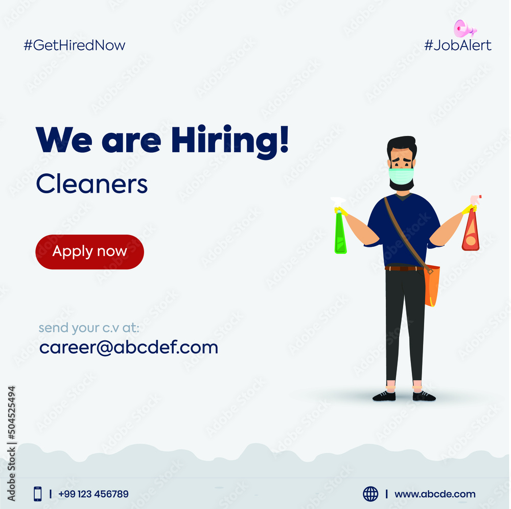 we are hiring cleaners. we are hiring cleaners complete facebook and instagram post. a janitor wearing mask and holding cleaning spray bottles. cleaning and disinfection company concept. recruitment. we are hiring cleaners. we are hiring cleaners complete facebook and instagram post. a janitor wearing mask and holding cleaning spray bottles. cleaning and disinfection company concept. recruitment.