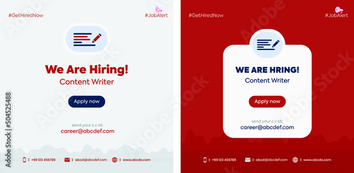 we are hiring. we are hiring content writer announcement post with pencil symbol. content writer job vacancy announcement post with two different background color. 