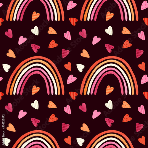 Lesbian pride seamless pattern. LGBTQ pride month art, rainbow clipart. Watercolor illustrations on dark background