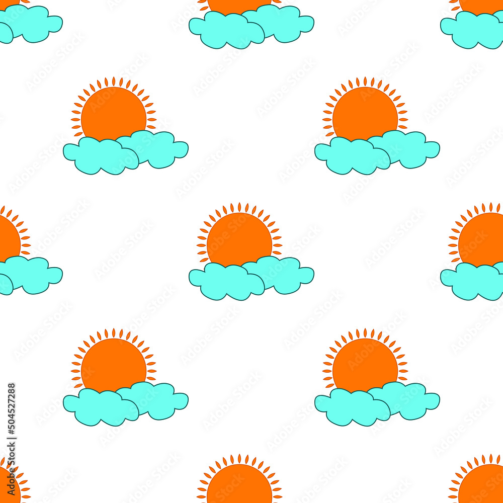 Fototapeta premium Kids drawing for clouds and sun with flames isolated on white background is in Seamless pattern - vector illustration