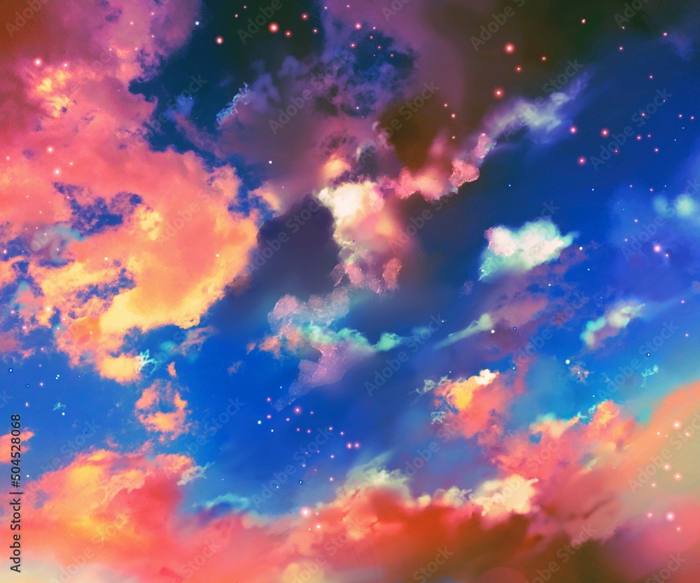 夕焼けが美しいカラフルな雲が漂う空と輝く星々の背景イラスト Stock Illustration Adobe Stock