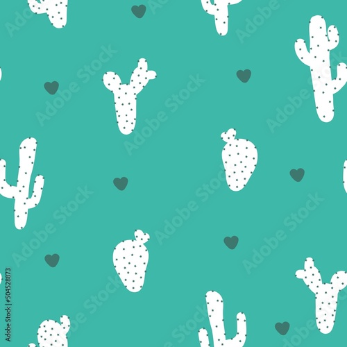 Seamless vintage pattern. White cacti, green hearts. Turquoise background. vector texture. fashionable print for textiles, wallpaper and packaging.