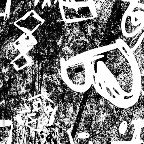 Black and white grunge. Abstract chalk strokes on a blackboard. Vector monochrome graphics. Pattern of dust, chips, destruction, dirt. Chaotic horror background